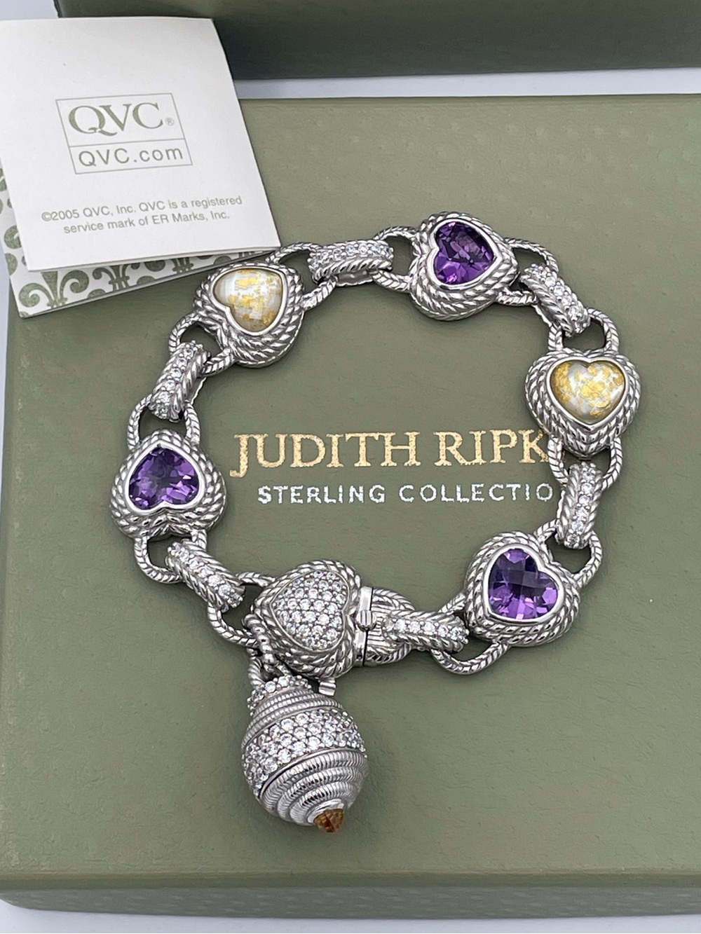 Judith Ripka Sterling Silver 925 Amethyst MOP 24K Gold Flakes CZ Charm Bracelet